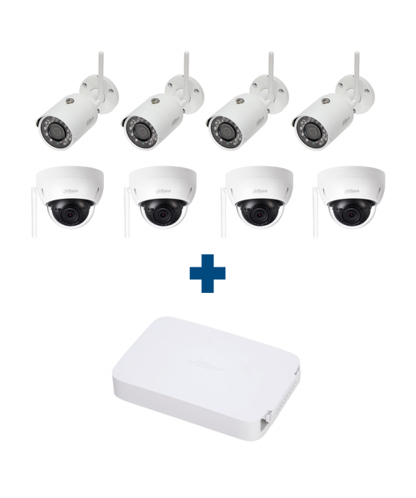 Комплект IP 4 купольные и 4 уличные Wi-Fi камеры Dahua IPC-HDBW1120EP-W / IPC-HFW1120SP-W